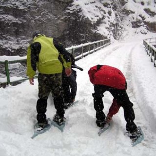 Odbočujeme do divočiny, nandáváme sněžnice.